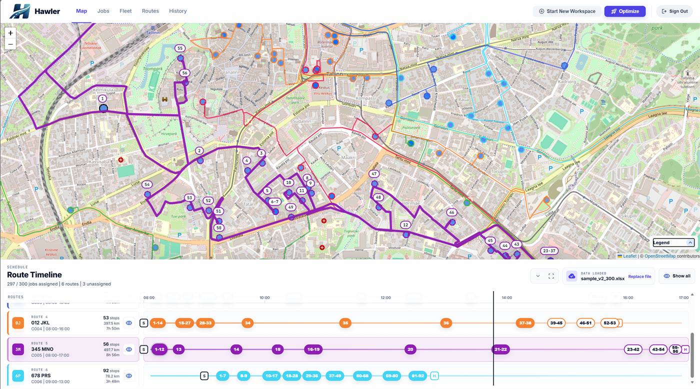 Hawler dispatch workspace showing map, jobs, route assignments, and planning controls